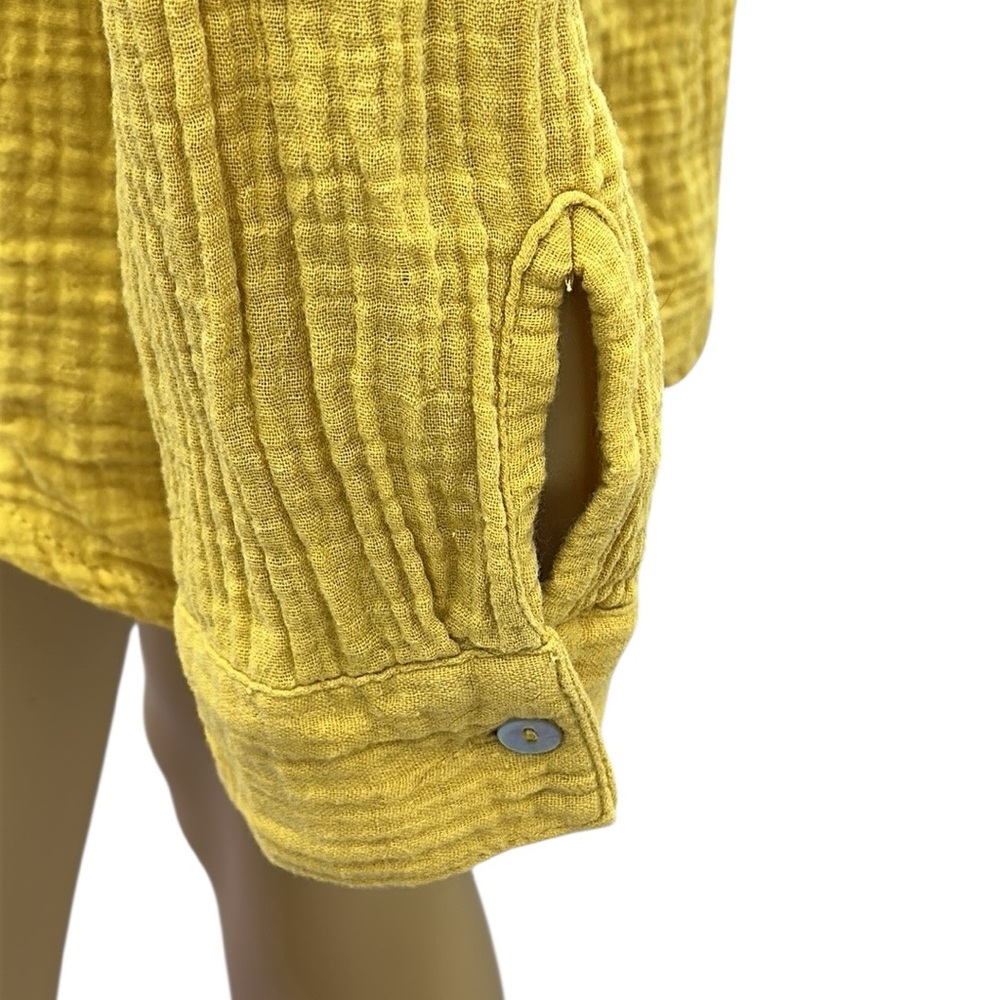 Mote Cotton Mustard Yellow Gauze Split V Neck Double Pocket Long Sleeve Top Sz L - Picture 7 of 11